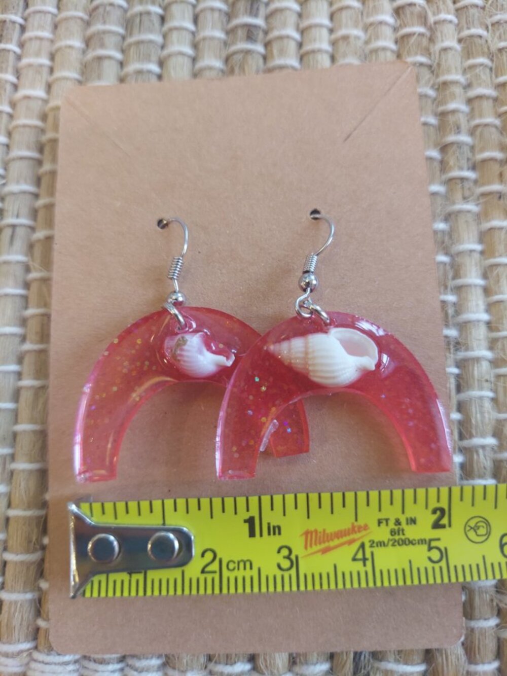Handmade Crescent Moon Shell Earrings | Pink Sparkle Resin | Coastal Beach Jewel - Picture 3 of 8